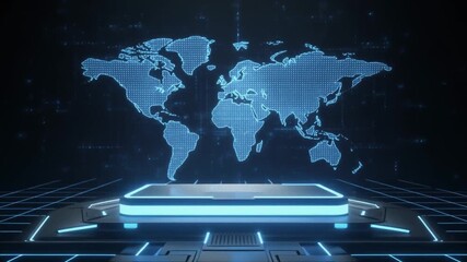 Glowing blue world map on a futuristic digital screen with neon lights on a dark background - Powered by Adobe