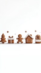 Gingerbread Christmas Set: Tree, Gift, Man, House & Candy Cane on White Background