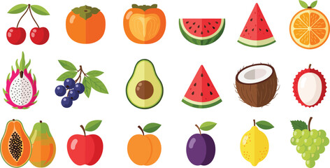 Large Collection of Colorful Flat Design Fruit Icons Set, Including Persimmon, Watermelon, Avocado, Dragon Fruit, and Papaya for Healthy Food and Diet Vector