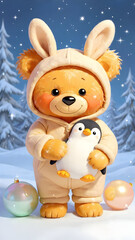 Fototapeta premium Adorable bear in bunny hoodie hugging penguin plush – winter nursery art
