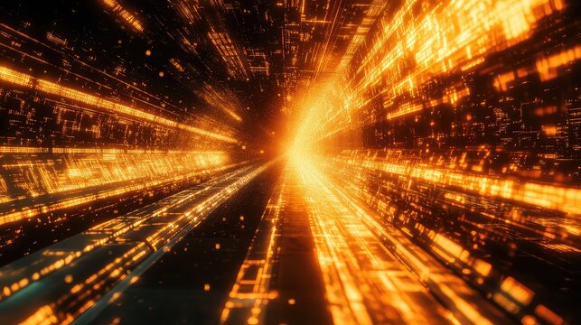 Digital data stream traversing futuristic circuit tunnel
