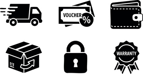 Delivery truck fast shipping voucher discount wallet package lock warranty icons vector set