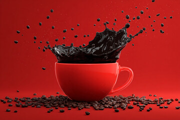 Dynamic dark liquid splashing vigorously from a bright red cup surrounded by scattered roasted coffee beans on a vibrant red surface