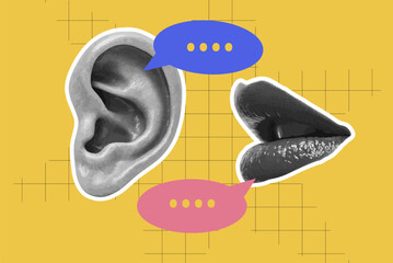 Mouth talks to ear art concept, collage vector illustration

