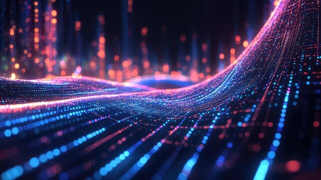 Digital data network flowing with abstract glowing particles