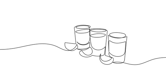 Shots and lemons in one continuous line Dynamic single line draw design vector illustration Editable stroke. © Proongnee