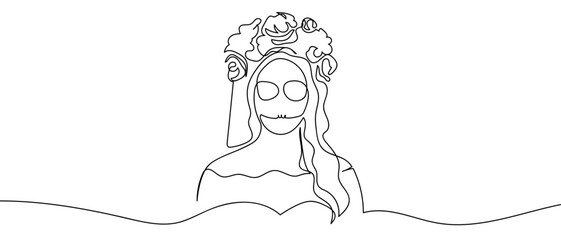 Woman with skull makeup, one continuous line Dynamic single line draw design vector illustration Editable stroke.