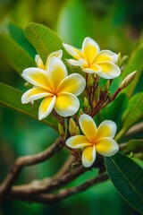 Fototapeta premium Three yellow and white flowers are on a green branch