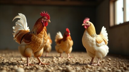 Group of chickens standing on top of gravel-covered ground