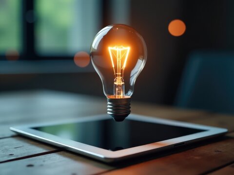 A light bulb sits on top of a tablet computer, providing a unique and modern visual combination