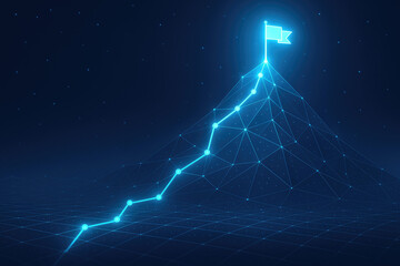 Digital mountain graph with a glowing flag at the summit and a blue grid background chart data