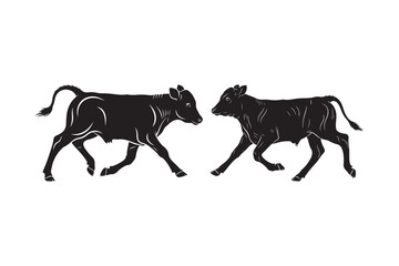Two silhouetted bulls charging forward on a white background