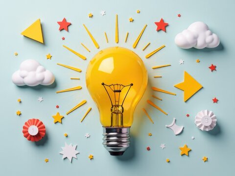 A bright yellow light bulb shines amidst stars and clouds, perfect for backgrounds or illustrations