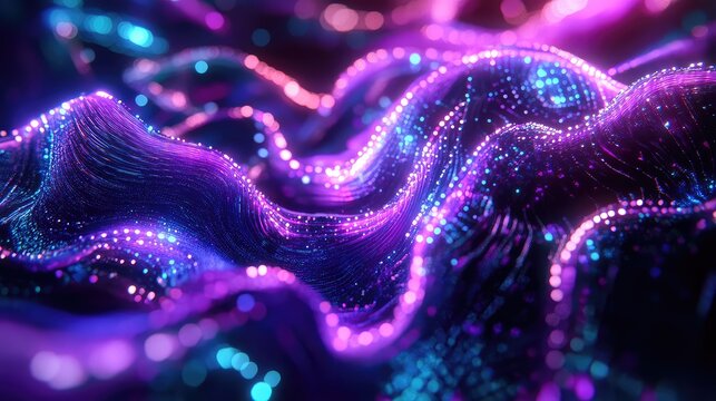 Abstract glowing fiber optics transmitting data stream network