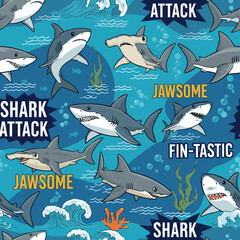 Create Vector Seamless pattern with shark illustrations and slogan text, for t-shirt prints and other uses on white background.