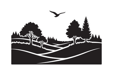 Fototapeta premium Silhouette of a vast landscape with rolling hills and a soaring bird