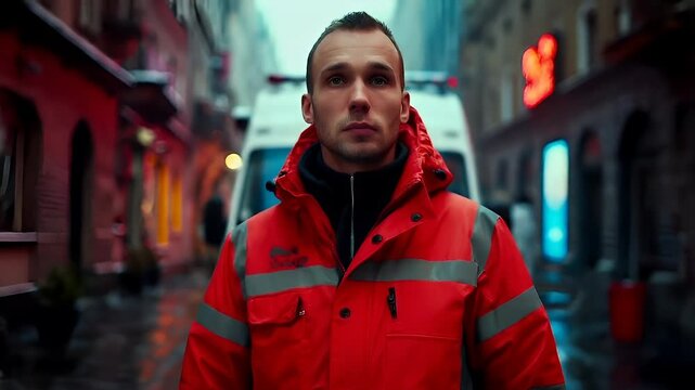 A man in a red jacket stands in front of an ambulance on a city street.