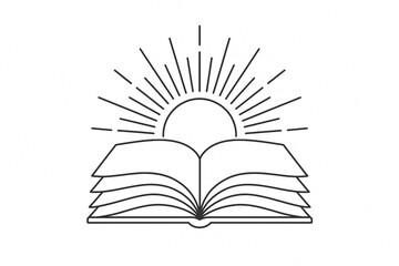Open book illuminated by sun rays, symbolic of knowledge and inspiration, line art