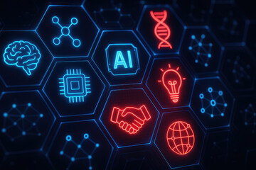 Futuristic Hexagonal Grid with Glowing Science and Technology Icons artificial intelligence brain