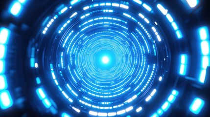Futuristic blue light data tunnel flying through digital space