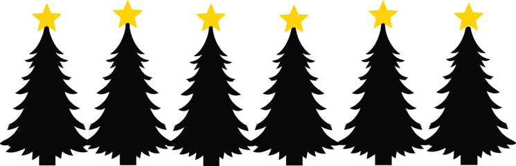 Obraz premium PrintChristmas tree silhouettes, festive holiday design, black pine shapes, yellow star decoration, winter celebration, graphic elements, white background, seasonal art