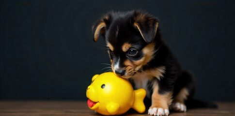 Dachshund Puppy Discovering a Toy A fluffy, black and tan dachshund puppy with large, expressive eyes looking intently at a bright yellow squeaky dog toy. The puppy is positioned on a polished light