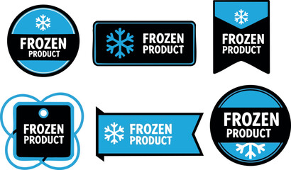 Frozen product labels vector set with blue black white snowflake icons for cold storage packaging and marketing designs