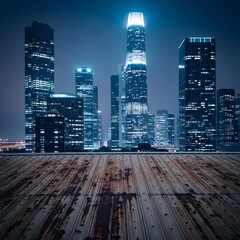 A stunning nighttime view of a modern city skyline with illuminated skyscrapers and a dark sky, showcasing the vibrant urban environment and architectural design