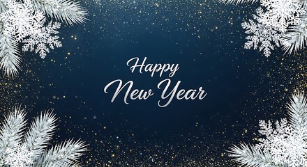 Festive happy new year greeting with white frosted pine branches and falling snow on dark blue background
