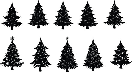 PrintCollection of Christmas tree silhouettes, festive pine tree designs with decorations, winter holiday elements, black vector illustration on white background, seasonal art