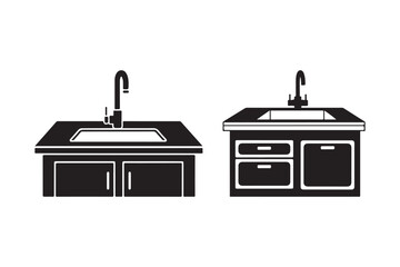 Two black silhouette kitchen sinks with cabinets and faucets