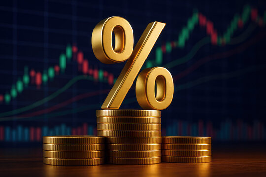 Gold Percentage Sign on Coin Stacks with Stock Market Chart Displaying Fluctuating Trends symbol golden