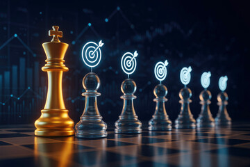 Golden chess king and pawns with targets on a chessboard with digital overlay chess piece
