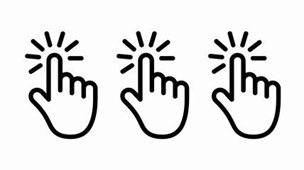 Three black finger click hand gestures with radiating lines on a white background
