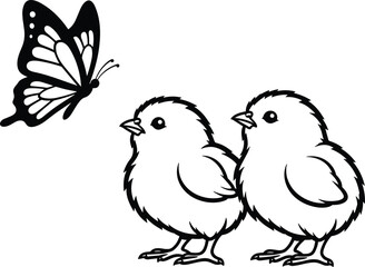 PrintCute chicks, butterfly interaction, black and white illustration, minimalistic style, nature moment, animal curiosity, hand-drawn sketch, simple line art