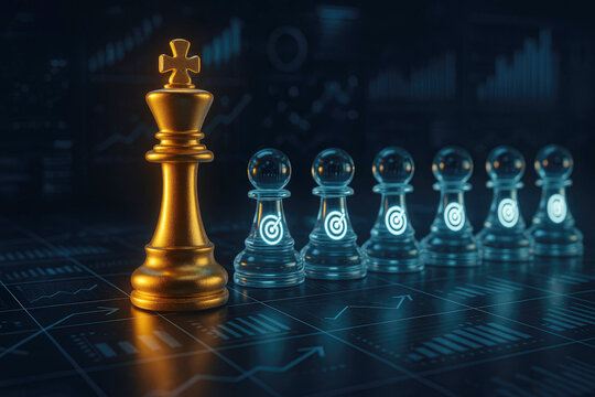 Golden chess king leading transparent pawns with targets on digital background chess piece