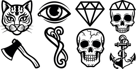 Tiger head eye diamond skull axe tribal skull anchor vector icons design set