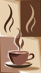 Minimalist Coffee Cup with Rising Steam on Geometric Brown Background