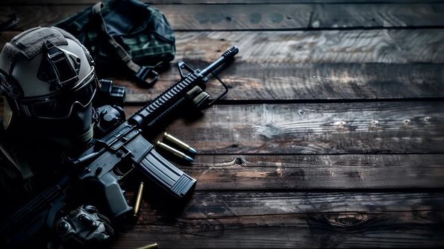 A closeup shot of a soldier in tactical gear, including a helmet, rifle, and ammunition. The soldier is positioned on a wooden surface, with the rifle and ammunition laid out in front of him.