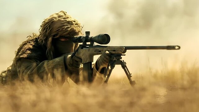 A soldier in camouflage gear is captured in a dynamic pose, aiming a rifle with a scope. The soldiers face is obscured by a tattered cloth, adding an element of mystery to the scene.