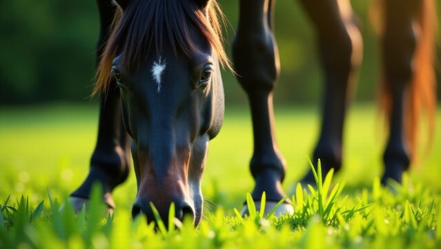 Close-up view of a horse eating grass in a green meadow - Powered by Adobe