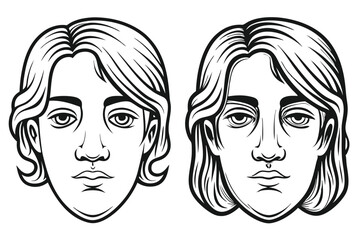 Two monochrome face outlines featuring similar hairstyles and strong facial features show symmetry