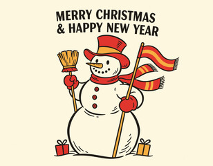 Christmas Snowman in Yard Holding Broom and Wearing Red Scarf and Top Hat on Snowy Winter Day
