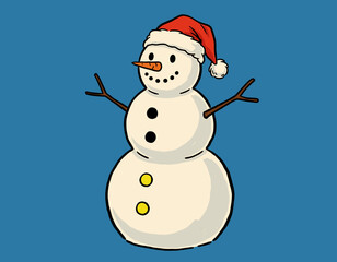 Christmas Snowman in Yard Holding Broom and Wearing Red Scarf and Top Hat on Snowy Winter Day