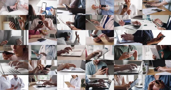 Collage close up view of diverse interactions with modern technology