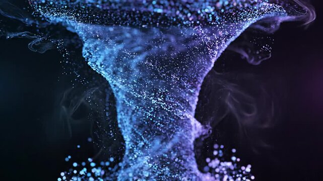 Swirling vortex of glowing blue and purple particles. Abstract animation of a digital tornado or energy stream. Vertical video motion graphics background