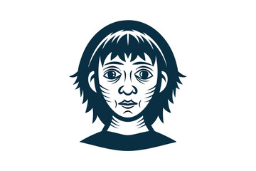 Monochromatic portrait shows a young woman's face with short hair and prominent features