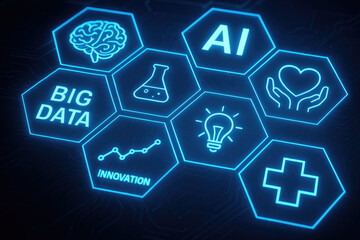 Hexagonal icons representing AI, big data, innovation, and healthcare artificial intelligence