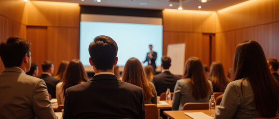 Professional audience attending presentation in modern conference room, focused on speaker. Engaging atmosphere with attentive participants