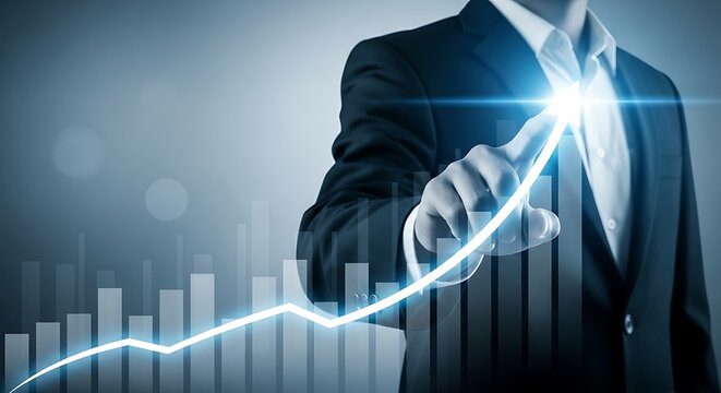 Businessman touching glowing upward trend graph suit